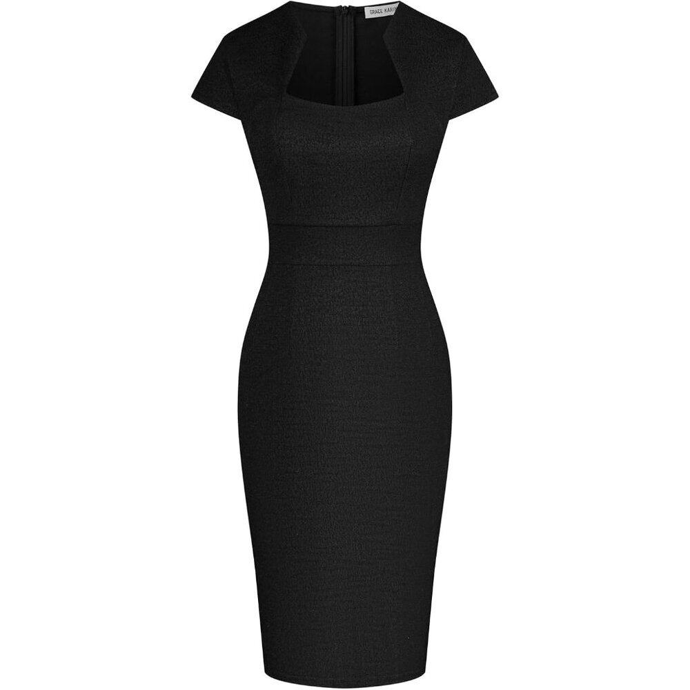Women's Tweed Slim Fit Pencil Dress Cap Sleeve V-Neck Back Zip Elegant